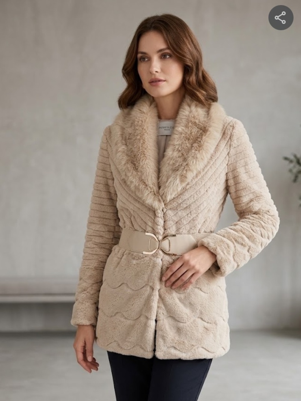 Patrizia Luca Cream Faux Fur Shawl-Collar Belted Jacket 883